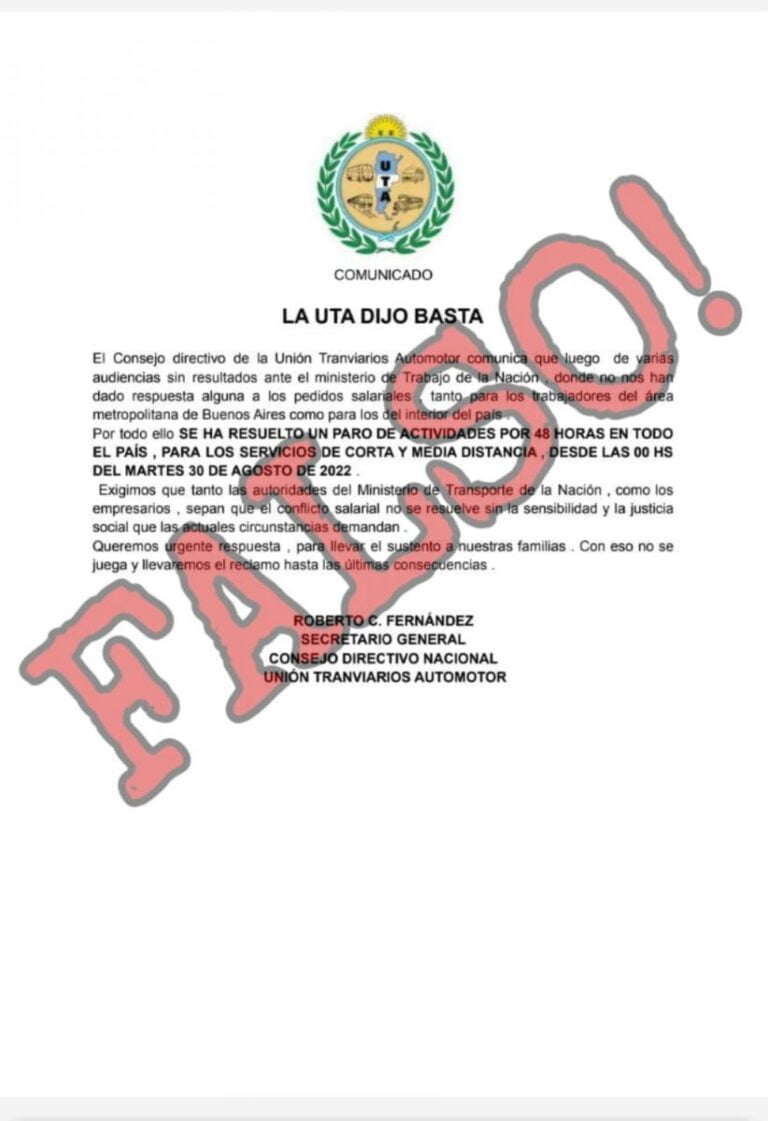 Es falso que la UTA convocó a un paro para este martes 30 de agosto